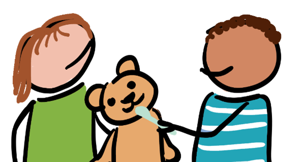 Zeichnung von 2 Kindern, die mit einem knuffigen Teddybären spielen