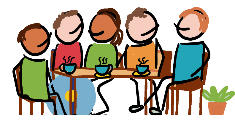 Zeichnung von Erziehern und Eltern, die gemeinsam an einem Tisch sitzen, etwas trinken und sich unterhalten