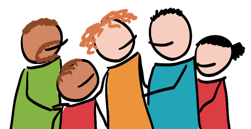 Zeichnung von Eltern, die neben ihren Kindern aufmunternd stehen