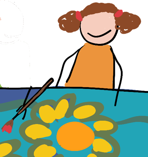 Zeichnung einem Kind, das fröhlich eine große Sonnenblume malt